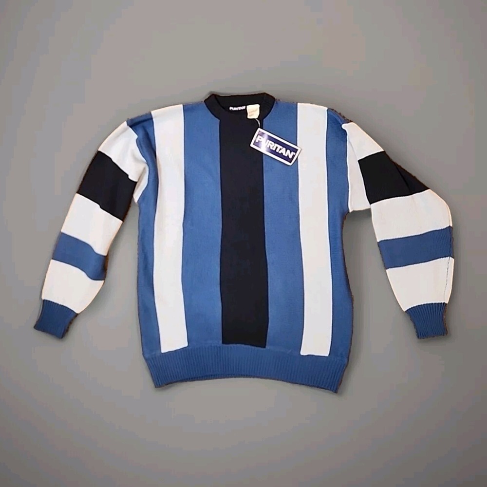 Puritan Men's Wool Blend Grandpa Sweater Large Striped‎ Crew Neck Pullover Retro